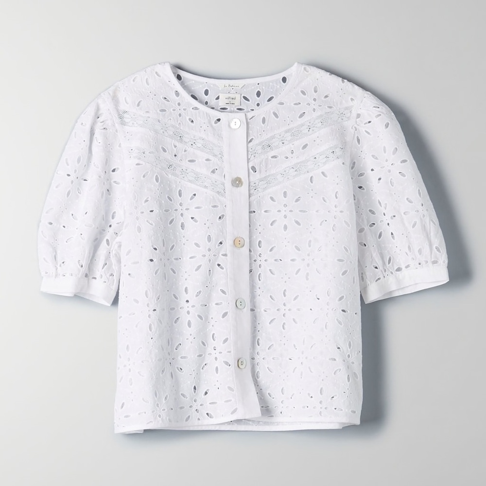 Wilfred Aritzia White Eyelet Button-Front Top